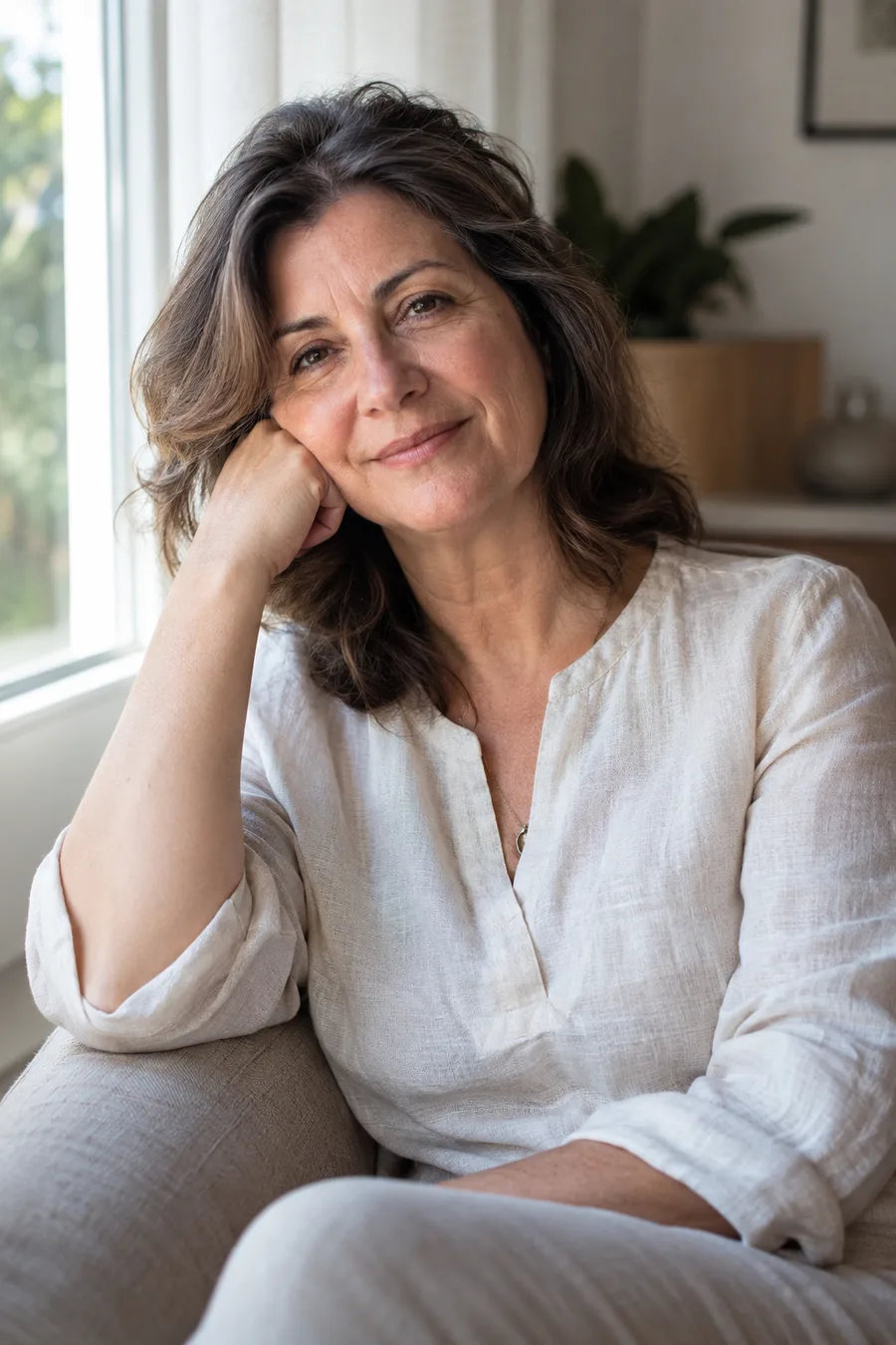 Woman in her 50s relaxing calmly outdoors