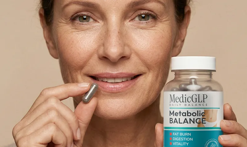 Frau nimmt eine MedicGLP Kapsel ein – eine Kapsel täglich zu einer Mahlzeit