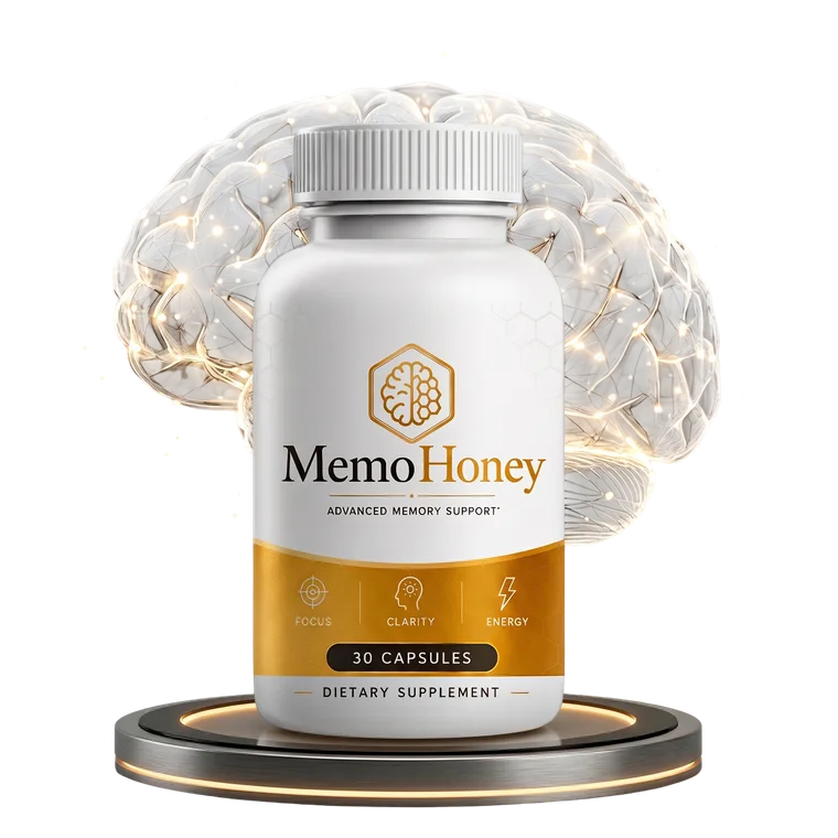 MemoHoney Advanced Memory Support bottle with 30 capsules, shown against a glowing brain illustration