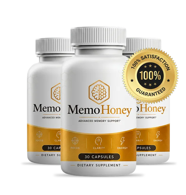 Three MemoHoney bottles next to the 100% satisfaction guaranteed seal