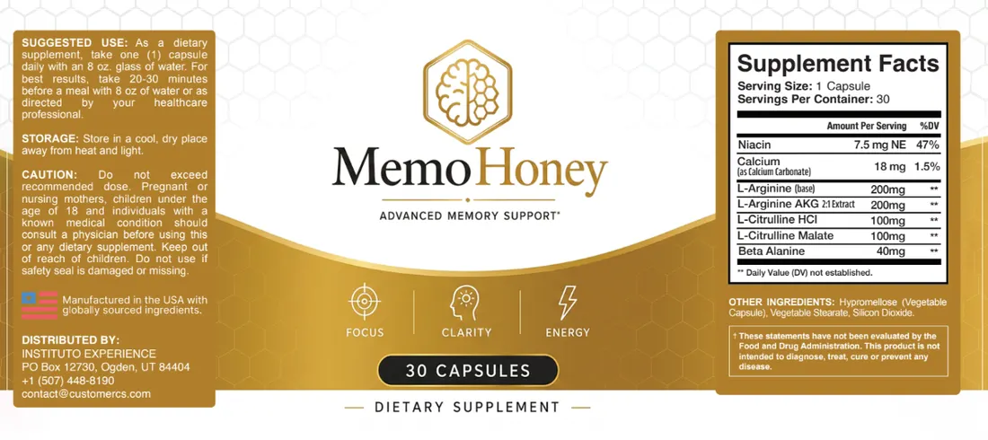 MemoHoney supplement facts label showing serving size of one capsule and exact milligram amounts for niacin, calcium, L-arginine, L-arginine AKG, L-citrulline HCl, L-citrulline malate and beta alanine