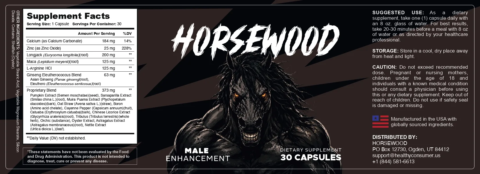 Full Horsewood bottle label with directions, caution notes and the distributor address in Ogden, Utah