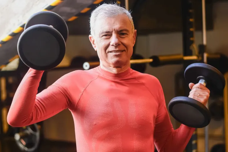Man in his fifties smiling while lifting dumbbells at the gym