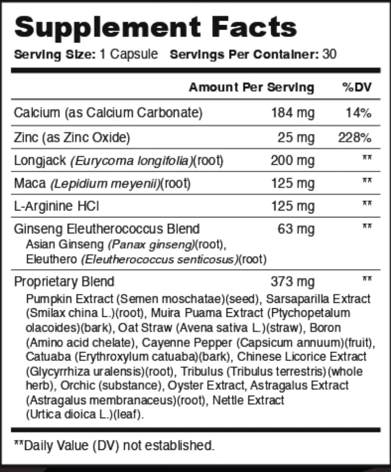 Official Horsewood Supplement Facts label: Longjack 200 mg, zinc 25 mg, maca 125 mg, L-arginine 125 mg, ginseng blend 63 mg, proprietary blend 373 mg