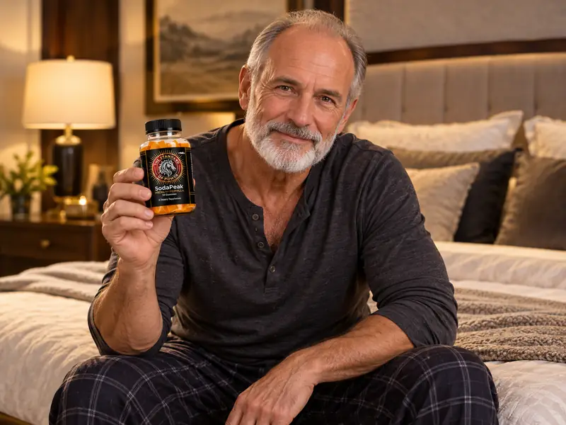 Man in his 50s holding a bottle of SodaPeak gummies at home