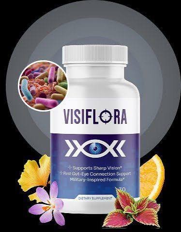VisiFlora bottle next to a gut microbiome illustration, representing the gut-eye connection