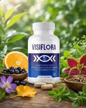 VisiFlora bottle surrounded by natural ingredients
