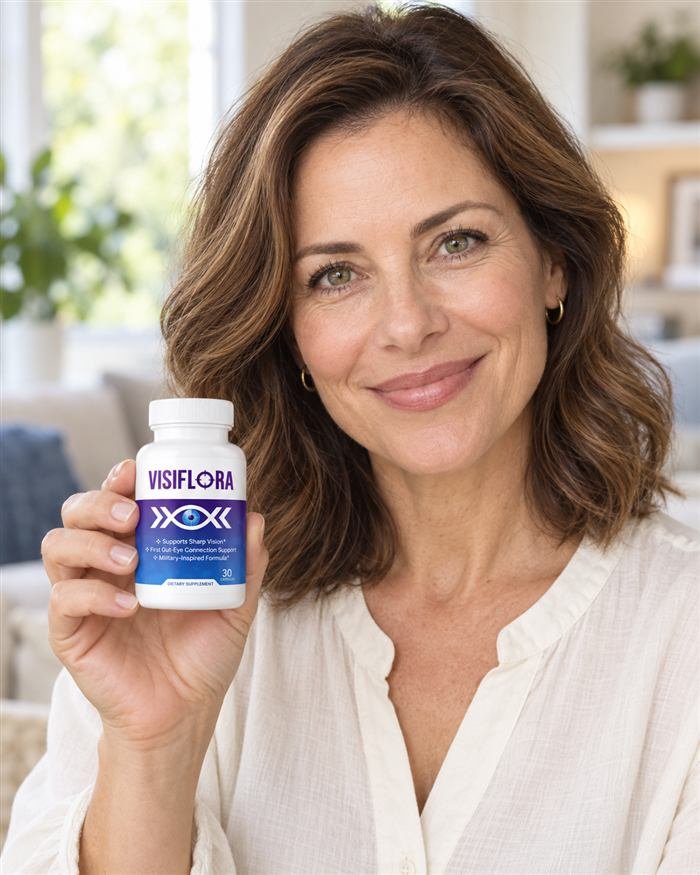 Woman smiling while holding a bottle of VisiFlora, a dietary supplement for sharp vision and gut-eye support