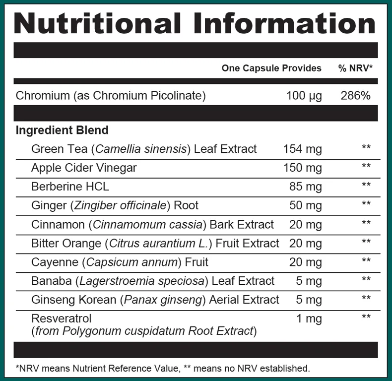 Tableau nutritionnel officiel de Vitaslimex : chrome 100 µg et dix ingrédients dosés par gélule